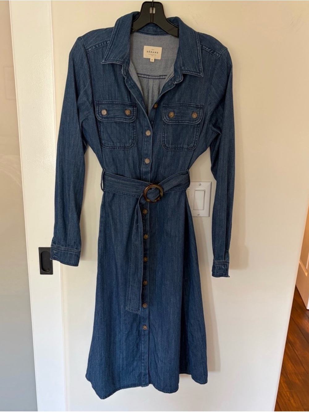 Sezane Indigo Denim Shirt Dress with Belt